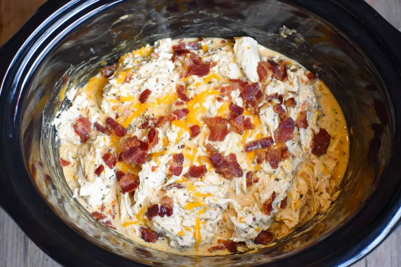 Keto Crack Chicken in the Crock Pot topped with crispy bacon and melted cheddar cheese in a slow cooker.