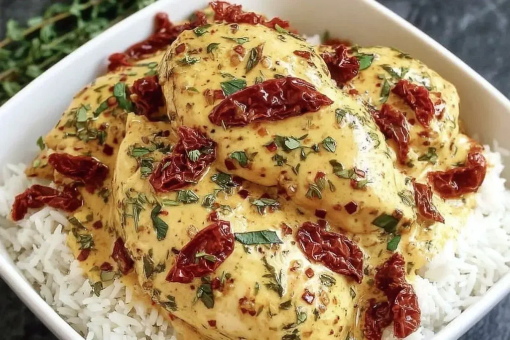 Dump and Go Crockpot Marry Me Chicken served over white rice with creamy Parmesan sauce, sun-dried tomatoes, and fresh herbs.