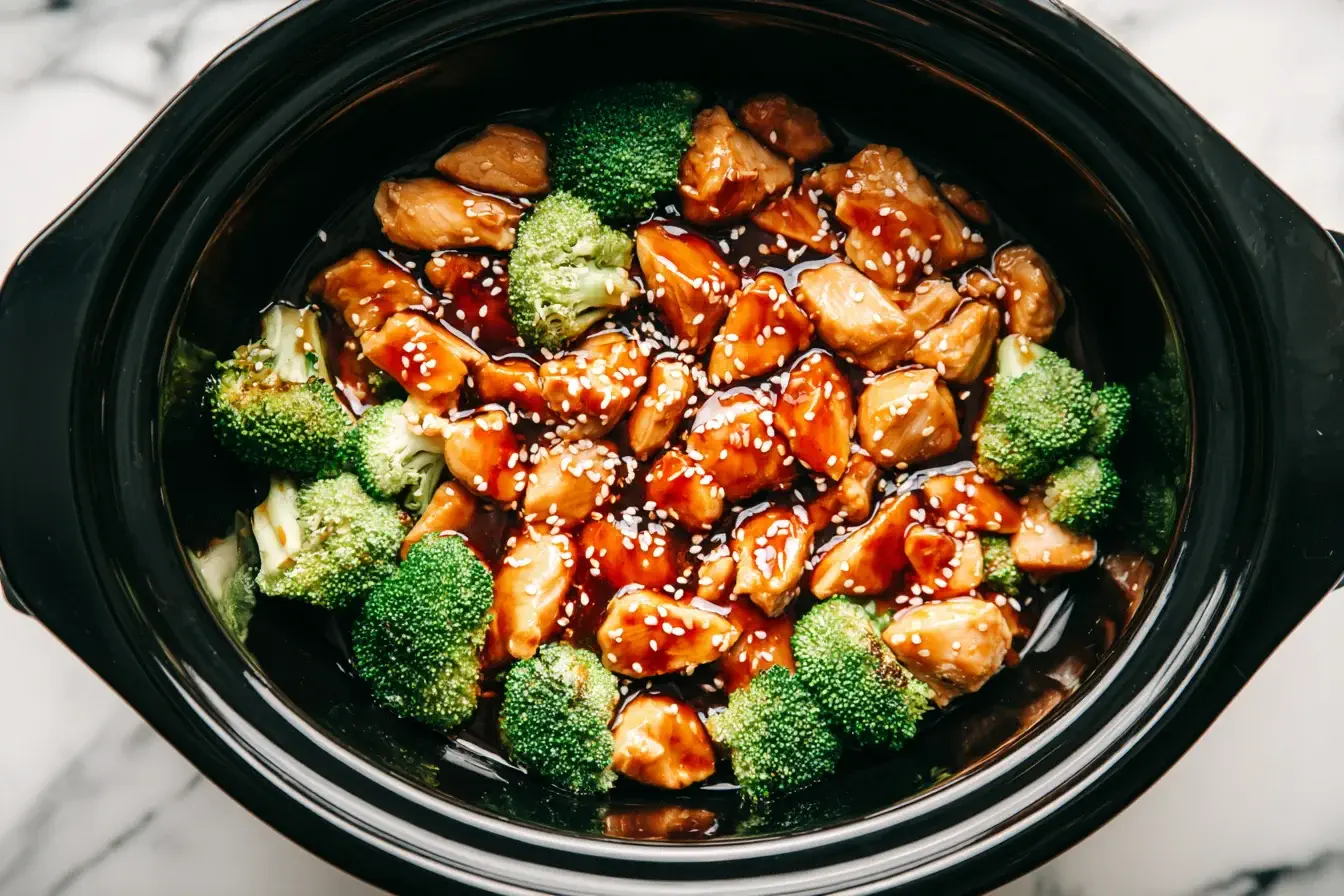 Dump and Go Crockpot Teriyaki Chicken with broccoli and sesame seeds in a slow cooker
