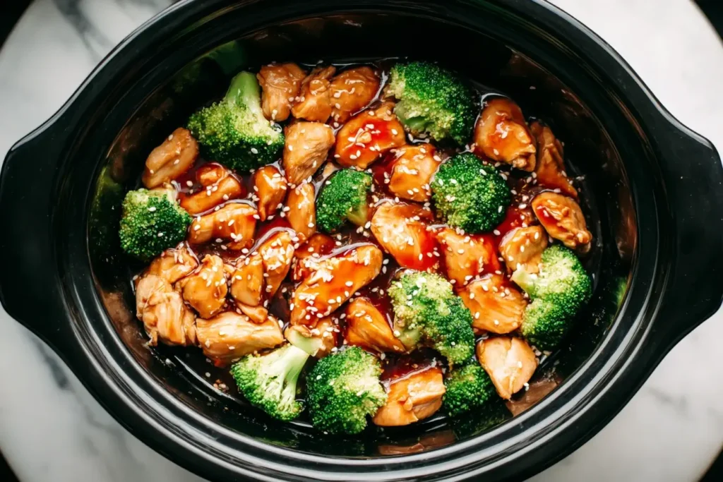 Dump and Go Crockpot Teriyaki Chicken with broccoli in a slow cooker topped with sesame seeds