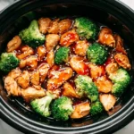 Dump and Go Crockpot Teriyaki Chicken with broccoli in a slow cooker topped with sesame seeds