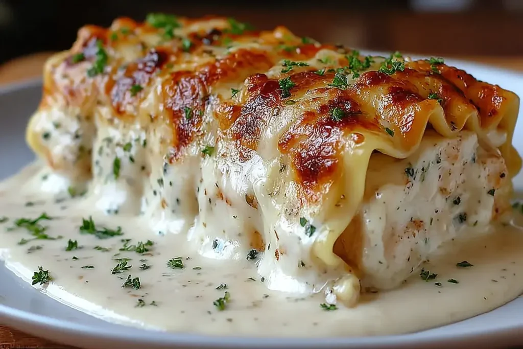 Golden-baked Chicken Alfredo Lasagna Rolls smothered in creamy Alfredo sauce and topped with fresh parsley.