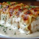 Golden-baked Chicken Alfredo Lasagna Rolls smothered in creamy Alfredo sauce and topped with fresh parsley.