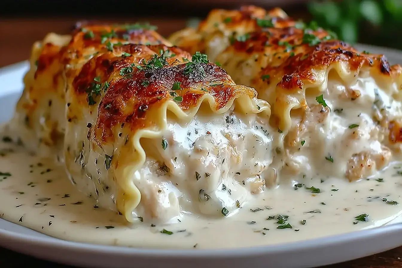 Close-up of creamy Chicken Alfredo Lasagna Rolls topped with melted cheese and fresh parsley on a white plate.