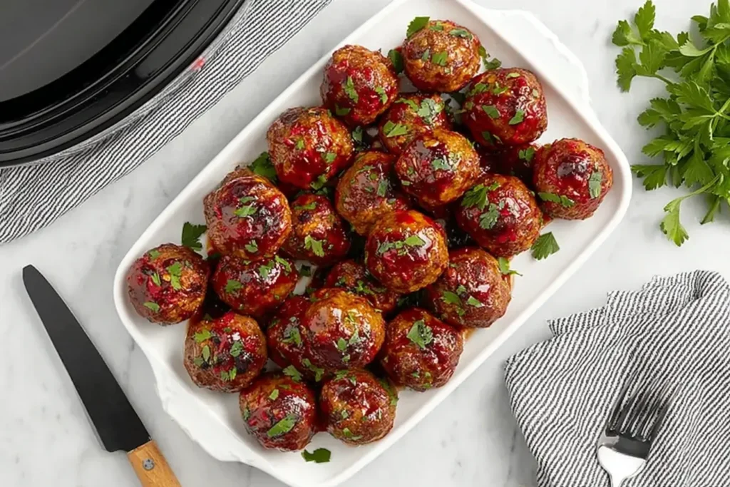 Sweet Chili Meatballs Crockpot served on a white platter, coated in glossy chili sauce and garnished with fresh parsley.
