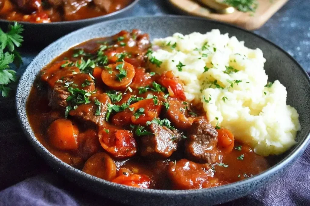 Close-up of Slow Cooker Beef and Chorizo Casserole served with mashed potatoes and garnished with fresh parsley.