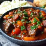 Hearty Slow Cooker Beef and Chorizo Casserole served in a rustic black bowl, garnished with parsley and paired with mashed potatoes and crusty bread.