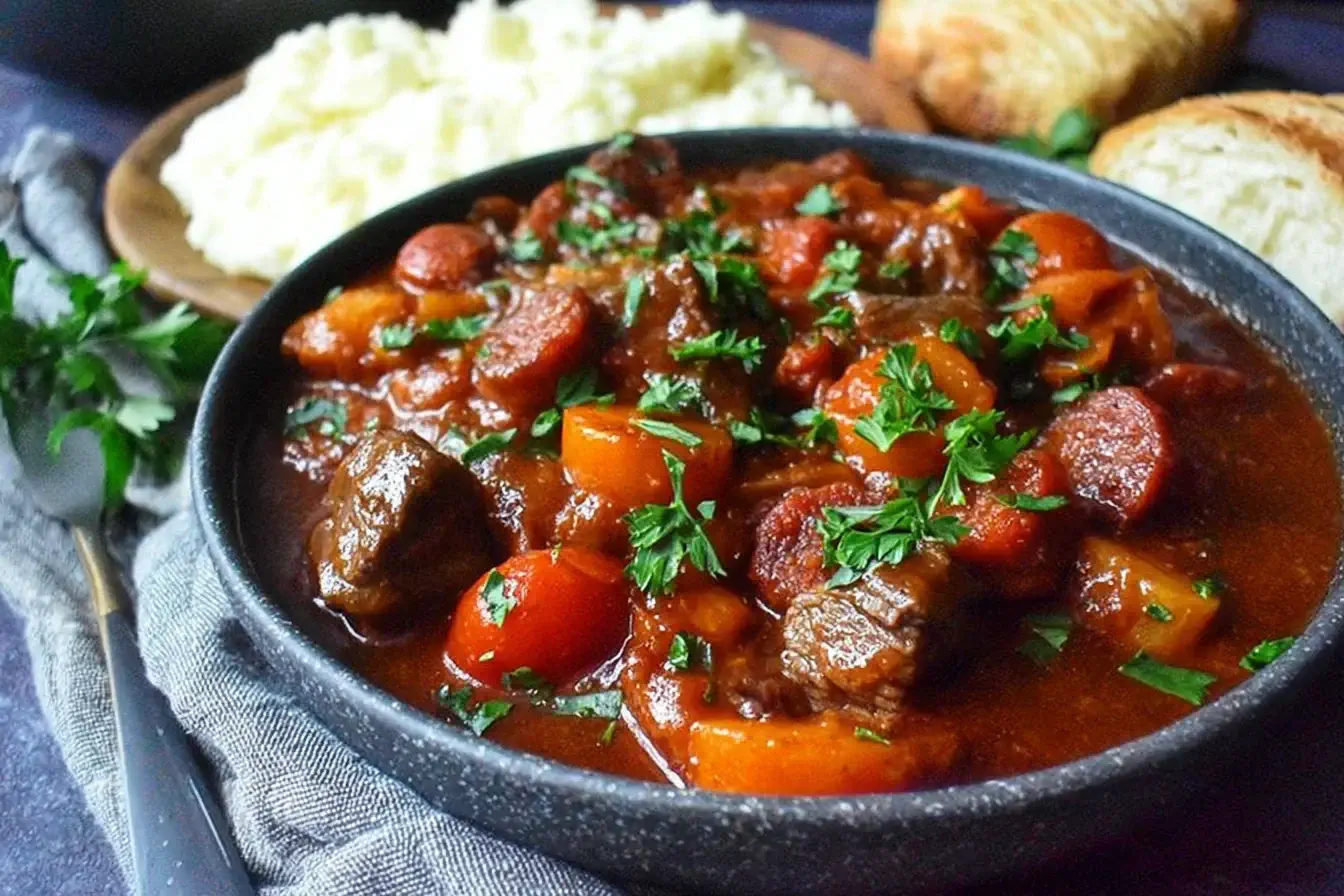 Hearty Slow Cooker Beef and Chorizo Casserole served in a rustic black bowl, garnished with parsley and paired with mashed potatoes and crusty bread.