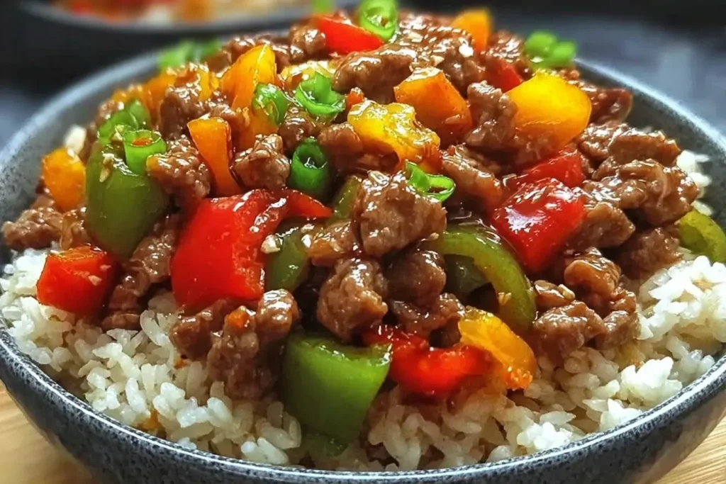 Delicious Beef Pepper Rice Bowl with tender beef, colorful bell peppers, and fluffy rice served in a bowl.