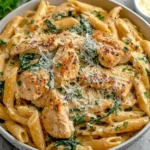 Bowl of creamy Healthy Garlic Parmesan Chicken Pasta with spinach, grilled chicken, and Parmesan cheese on top