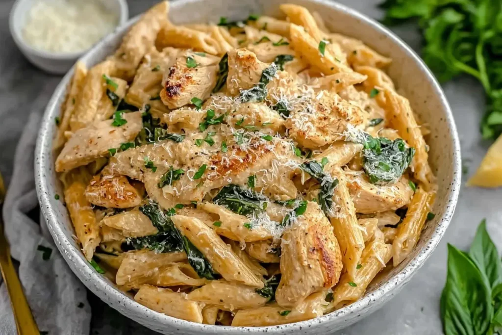 Creamy Healthy Garlic Parmesan Chicken Pasta with spinach and grilled chicken in a white bowl topped with Parmesan cheese.