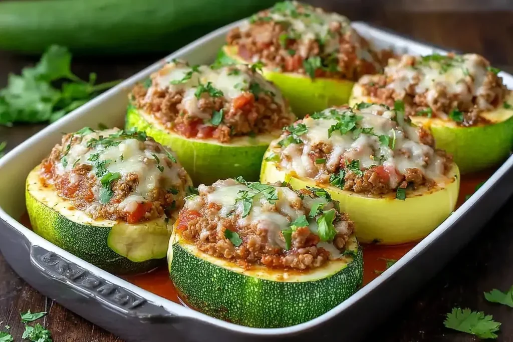 Oven-baked stuffed zucchini rounds filled with seasoned ground meat, tomatoes, and melted cheese, topped with fresh parsley.