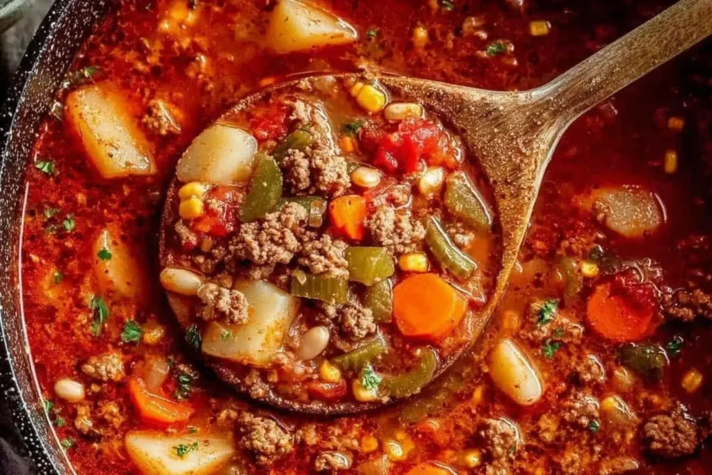 Close-up of hearty Cowboy Soup in a ladle, filled with ground beef, potatoes, carrots, corn, beans, and tomatoes in a rich, smoky broth.