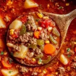 Close-up of hearty Cowboy Soup in a ladle, filled with ground beef, potatoes, carrots, corn, beans, and tomatoes in a rich, smoky broth.