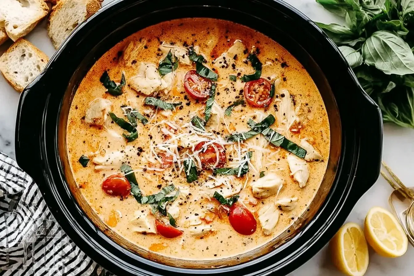Creamy Crock Pot Creamy Chicken Parmesan Soup with fresh basil, cherry tomatoes, and Parmesan served in a slow cooker.