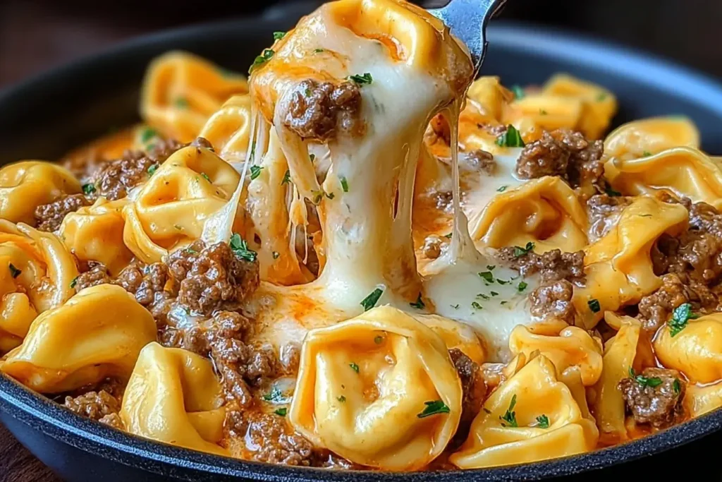 Cheesesteak Tortellini in a rich provolone sauce with ground beef and melted cheese being lifted from a skillet.
