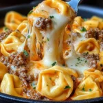 Cheesesteak Tortellini in a rich provolone sauce with ground beef and melted cheese being lifted from a skillet.