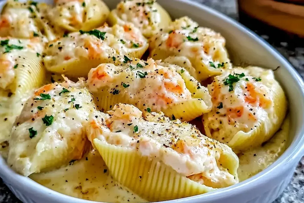 Creamy Seafood Stuffed Shells baked in a white dish, filled with lobster and crab, topped with melted cheese and fresh parsley.