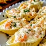 Creamy Seafood Stuffed Shells filled with lobster and crab in a rich Parmesan sauce, garnished with herbs on a white serving plate