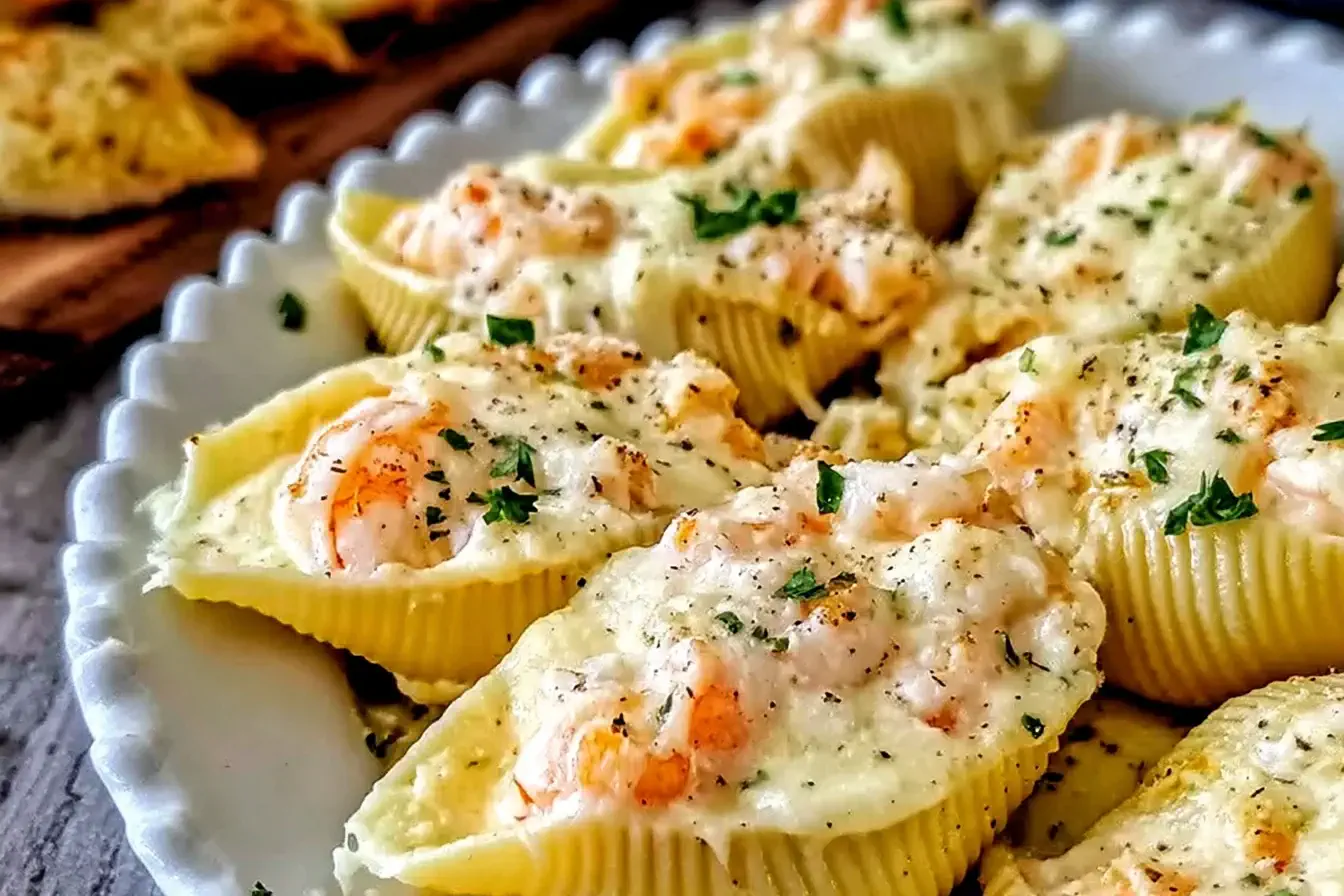Creamy Seafood Stuffed Shells filled with lobster and crab in a rich Parmesan sauce, garnished with herbs on a white serving plate