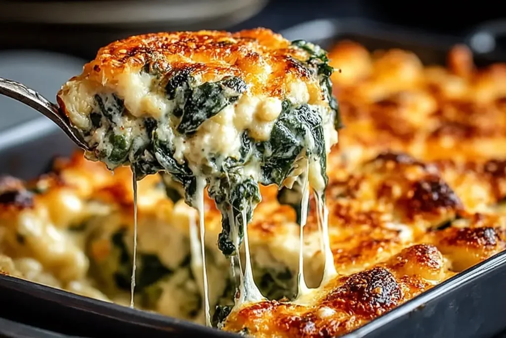 Cheesy Italian Spinach Bake with golden, bubbling cheese and gooey spinach layers being lifted from a baking dish.