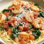 Tomato Spinach Shrimp Pasta with juicy shrimp, fresh spinach, and garlic butter sauce served over spaghetti in a white bowl.