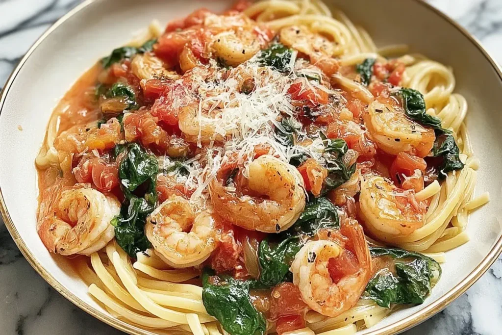 Tomato Spinach Shrimp Pasta with linguine, sautéed shrimp, spinach, and garlic tomato sauce topped with Parmesan cheese.
