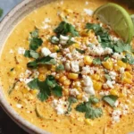 Creamy Mexican Street Corn Soup topped with queso fresco, cilantro, and lime wedges in a rustic bowl.