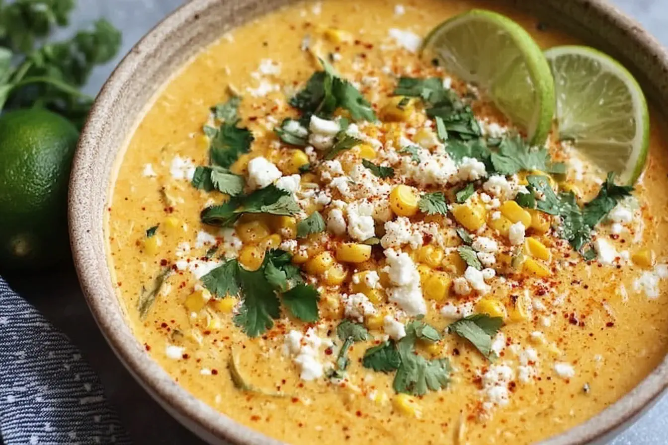 Creamy Mexican Street Corn Soup topped with queso fresco, cilantro, and lime wedges in a rustic bowl.