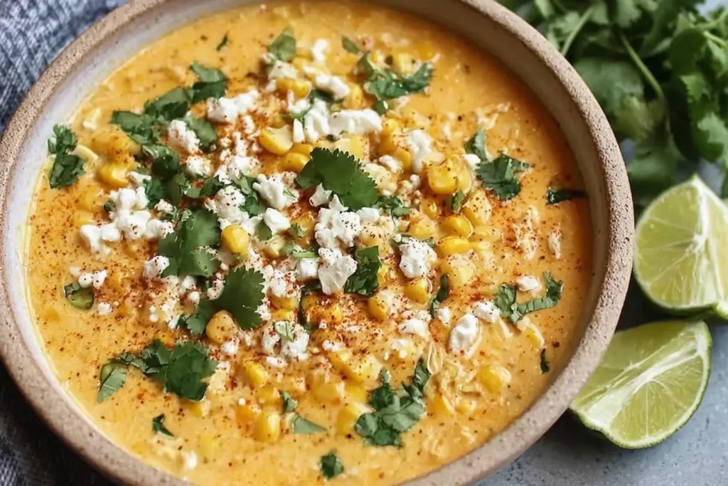 Mexican Street Corn Soup with roasted corn, cilantro, queso fresco, and fresh lime wedges in a rustic bowl.