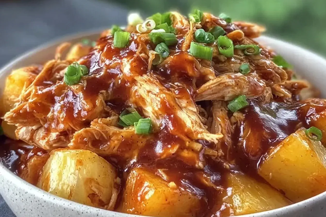 Shredded Crockpot Pineapple BBQ Chicken topped with green onions and served with juicy pineapple chunks in a rich BBQ sauce.