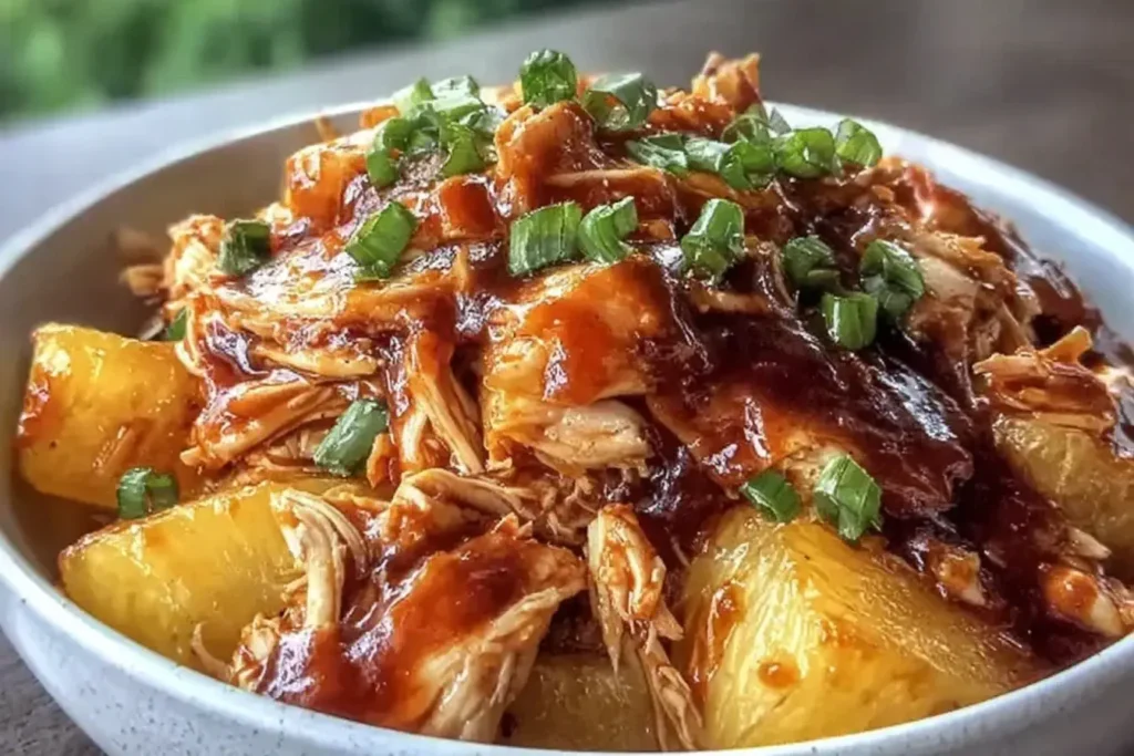 Tender Crockpot Pineapple BBQ Chicken with rich sauce and pineapple chunks, topped with green onions.