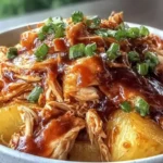 Tender Crockpot Pineapple BBQ Chicken with rich sauce and pineapple chunks, topped with green onions.