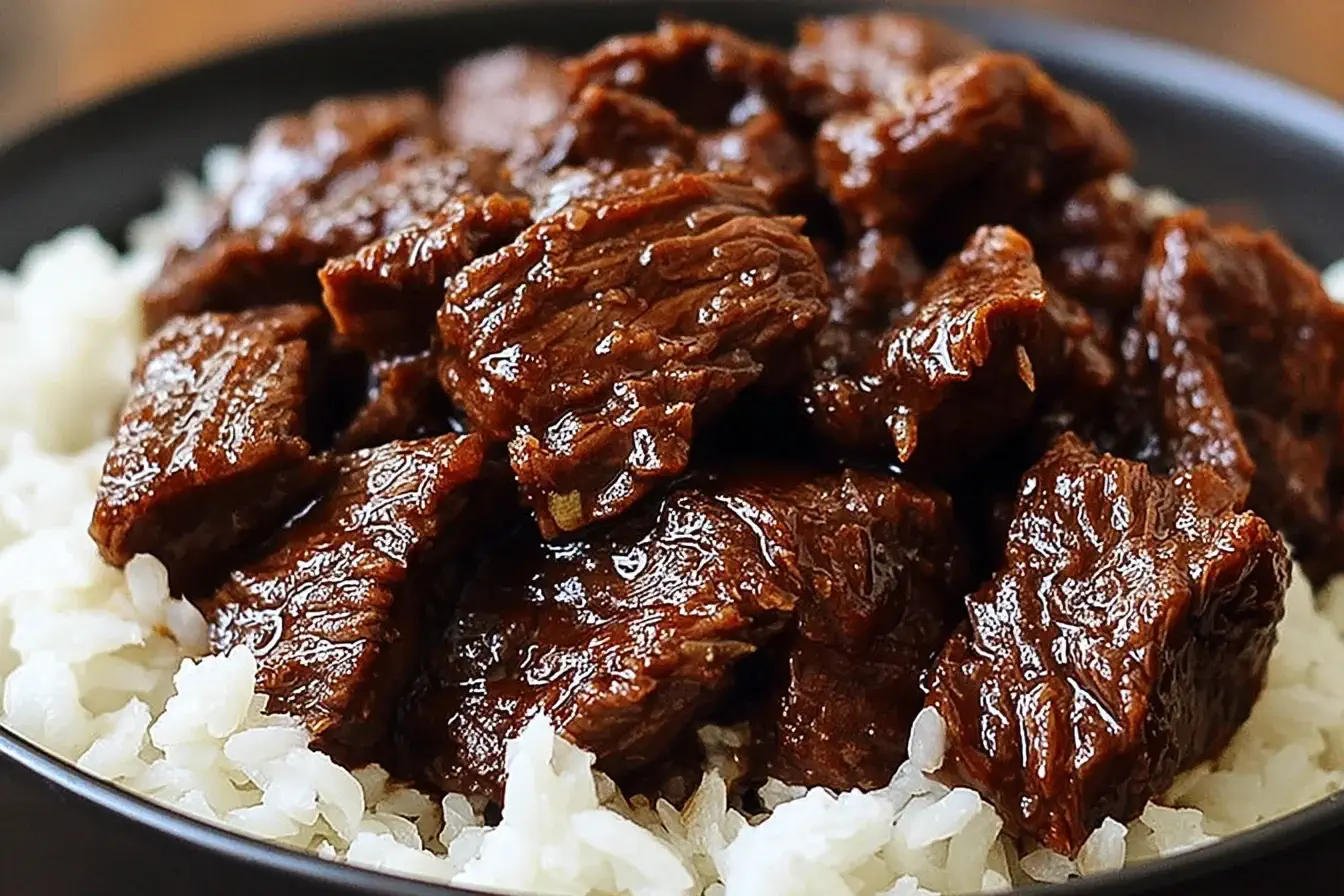 Tender Slow Cooker Korean Beef served over fluffy white rice in a black bowl.