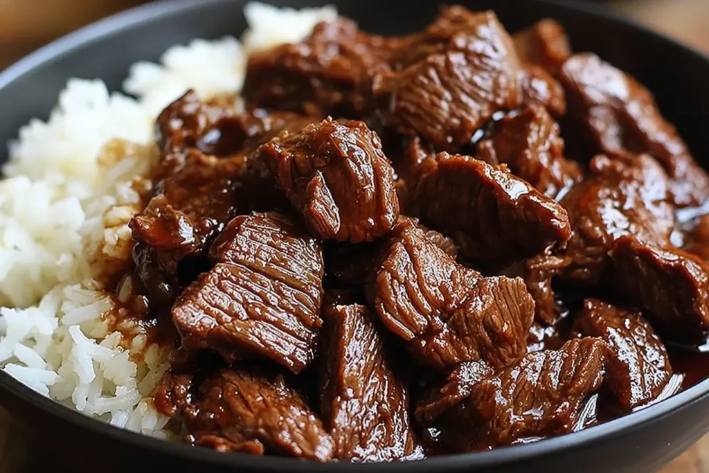 Slow Cooker Korean Beef with tender chunks of beef in rich sauce served over white rice in a black bowl.