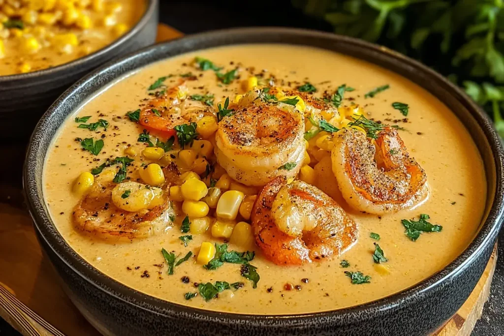 Close-up of creamy New Orleans Shrimp and Corn Bisque topped with seared shrimp, sweet corn, and fresh herbs.