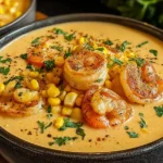 Close-up of creamy New Orleans Shrimp and Corn Bisque topped with seared shrimp, sweet corn, and fresh herbs.