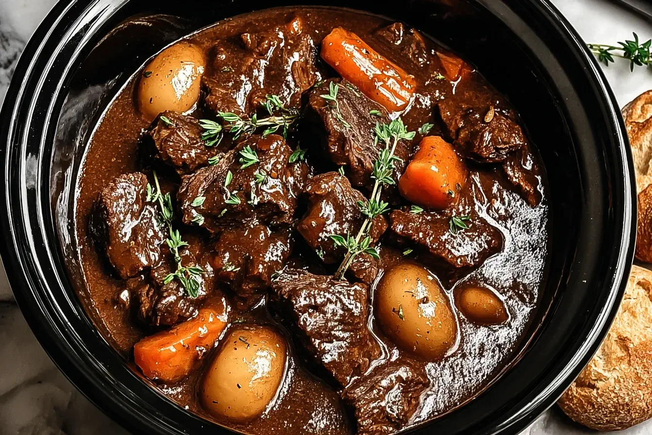 Slow Cooker Beef Bourguignon with tender beef, carrots, and potatoes in a rich red wine sauce, garnished with fresh thyme.