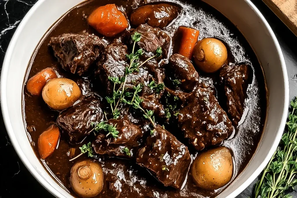Slow Cooker Beef Bourguignon with tender beef chunks, carrots, and baby potatoes in a rich wine sauce, served in a white bowl.
