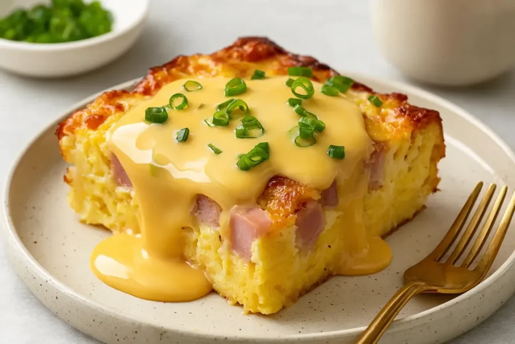 Slice of Eggs Benedict Casserole topped with creamy hollandaise sauce and fresh green onions on a plate with a gold fork.