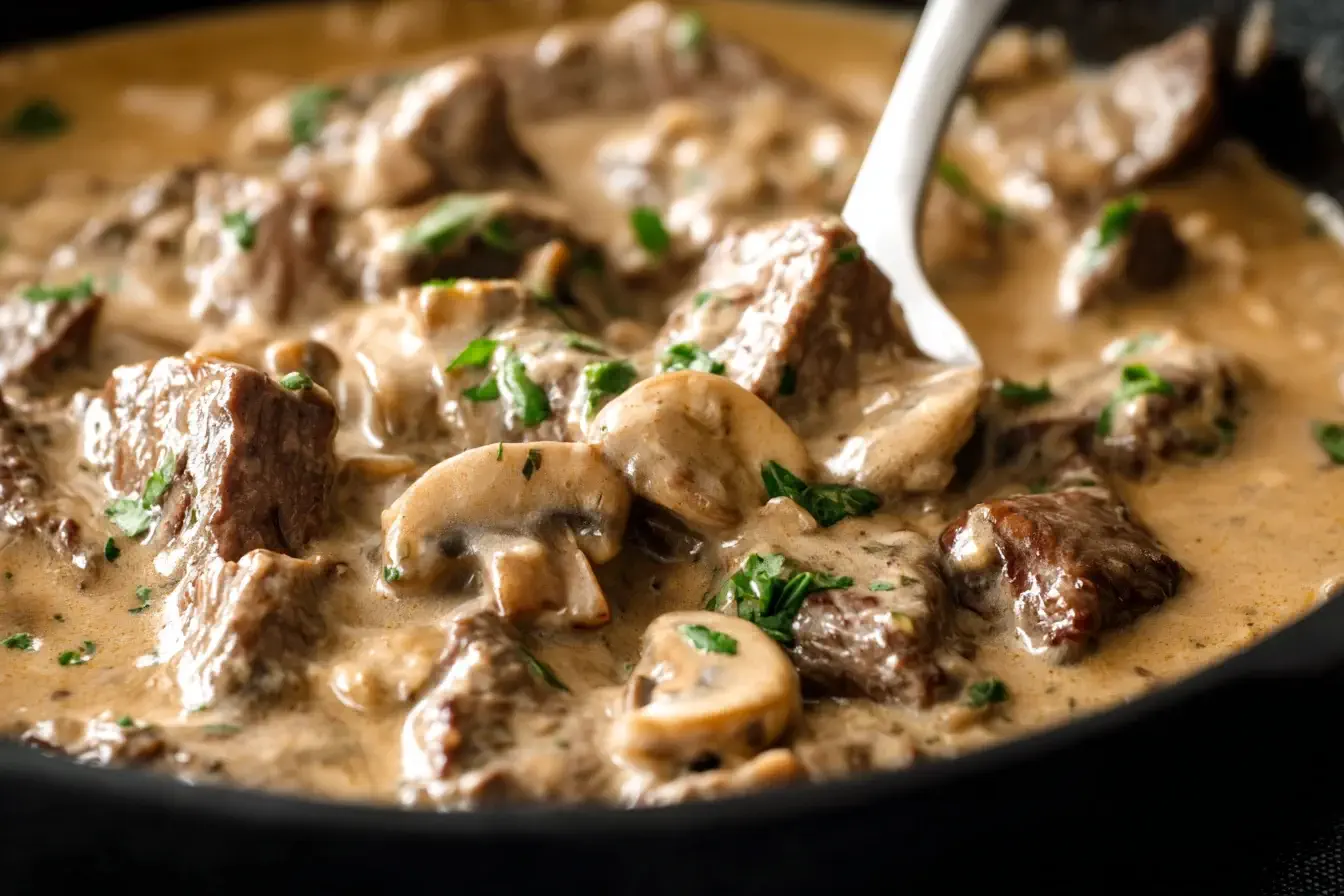 Close-up of creamy Gordon Ramsay Beef Stroganoff with tender beef chunks, mushrooms, and fresh parsley in a rich sauce.