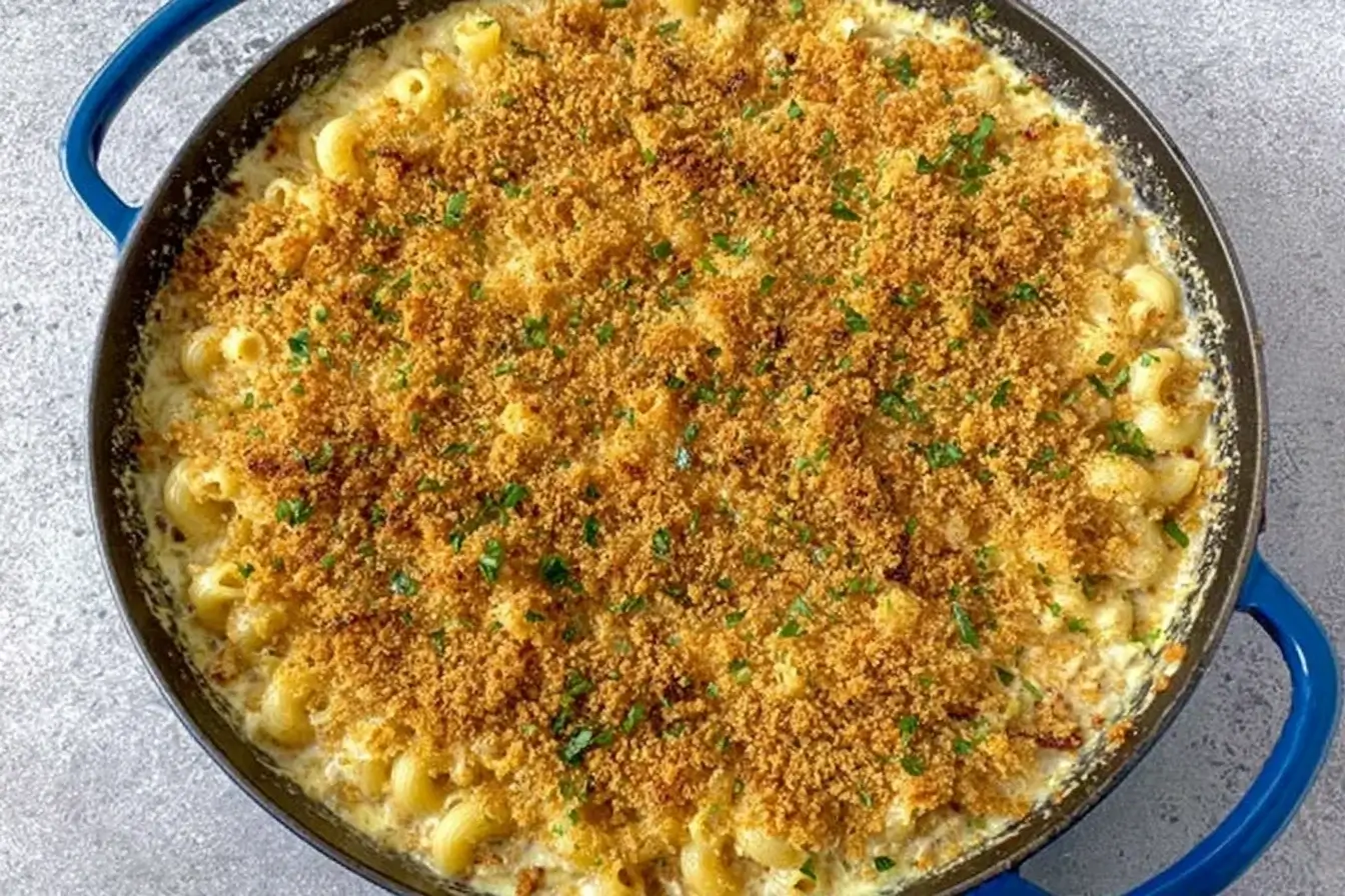 Golden baked French Onion Soup Pasta in a blue skillet topped with crispy breadcrumbs and fresh parsley.