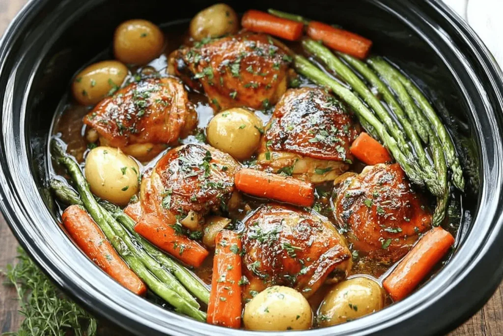 Slow Cooker Honey Garlic Chicken and Veggies with glazed chicken thighs, baby potatoes, carrots, and asparagus in a crockpot