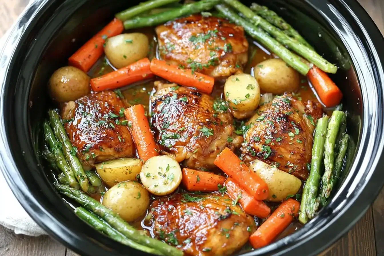 Slow Cooker Honey Garlic Chicken and Veggies with carrots, potatoes, green beans, and glazed chicken thighs in a black crockpot