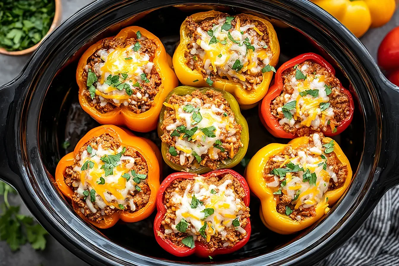 Slow Cooker Stuffed Bell Peppers topped with melted cheese and fresh herbs in a black crockpot