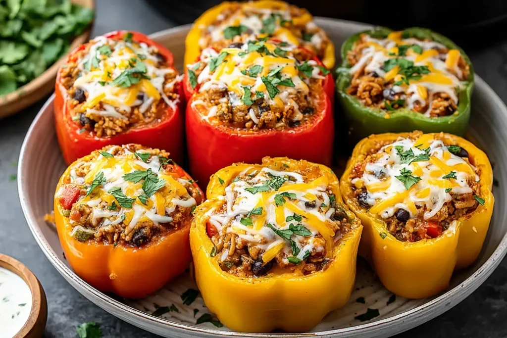 Colorful Slow Cooker Stuffed Bell Peppers with melted cheese and fresh herbs on a serving platter