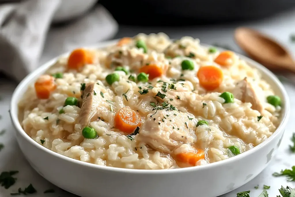Creamy Slow Cooker Chicken and Rice with peas and carrots in a white bowl