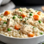 Creamy Slow Cooker Chicken and Rice with peas and carrots in a white bowl