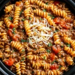 Close-up of creamy Crockpot Taco Pasta with rotini, ground beef, tomatoes, and melted cheese in a slow cooker.