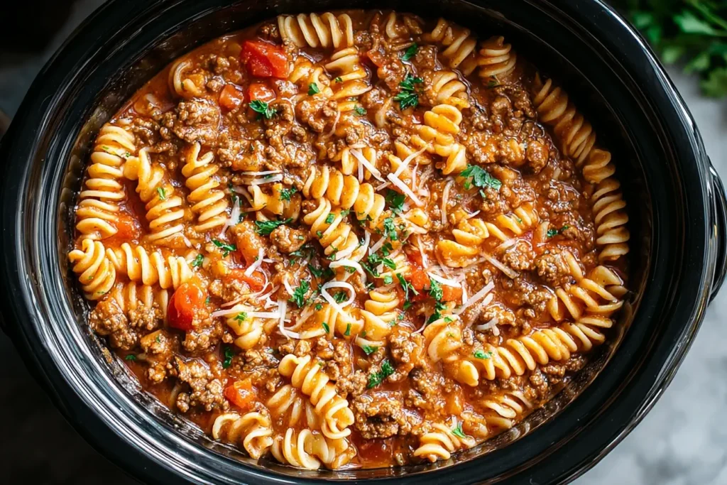Slow cooker filled with cheesy Crockpot Taco Pasta made with rotini, ground beef, tomatoes, and fresh parsley.